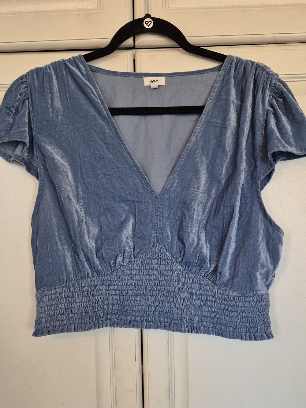 Blue Velvet V-Neck Smocked Waist Women’s Top